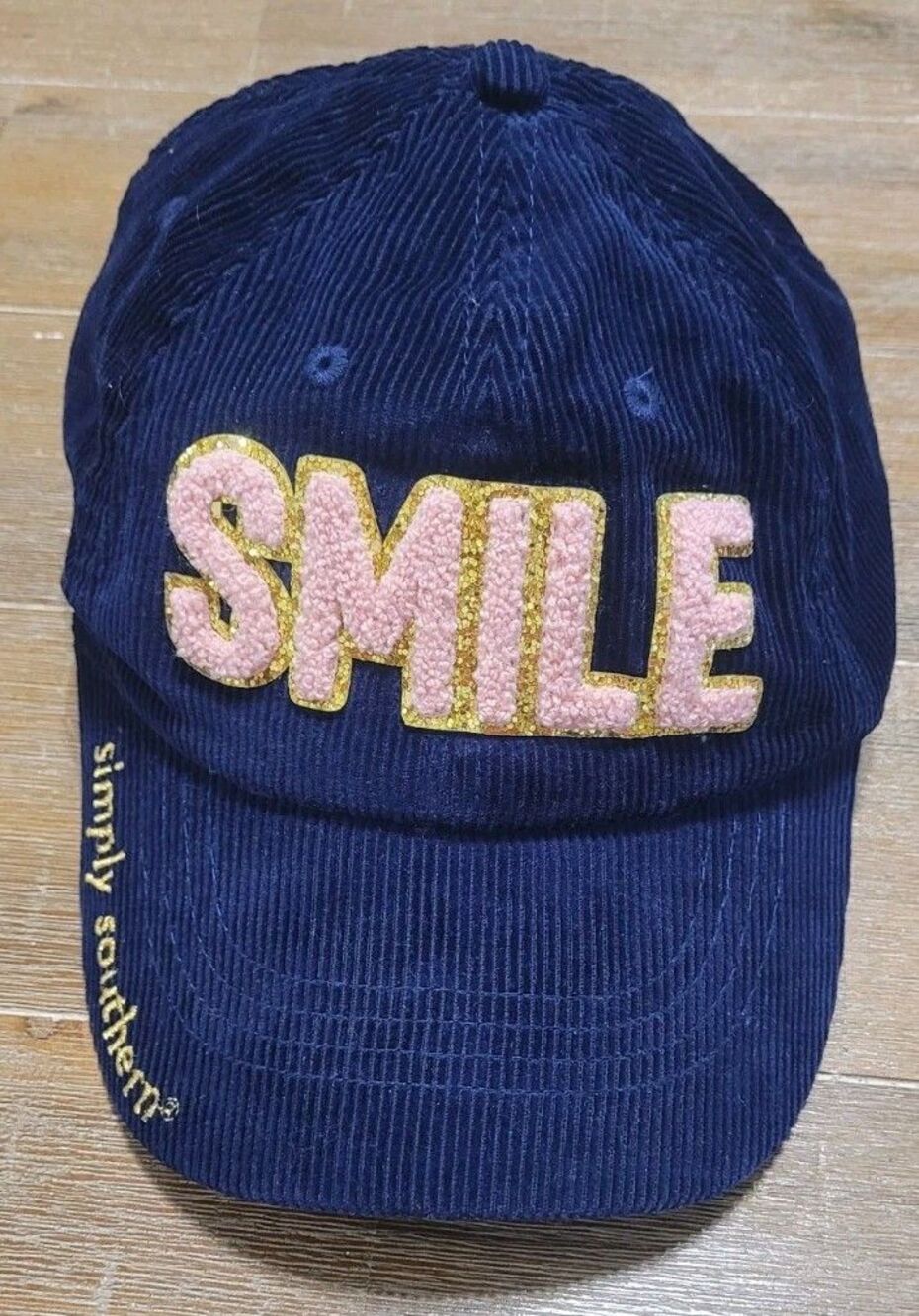 Simply Southern Hat Women's Blue Corduroy Baseball Cap Pink Embroidery "SMILE"